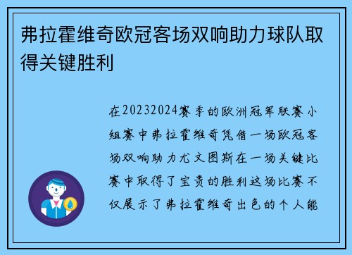弗拉霍维奇欧冠客场双响助力球队取得关键胜利